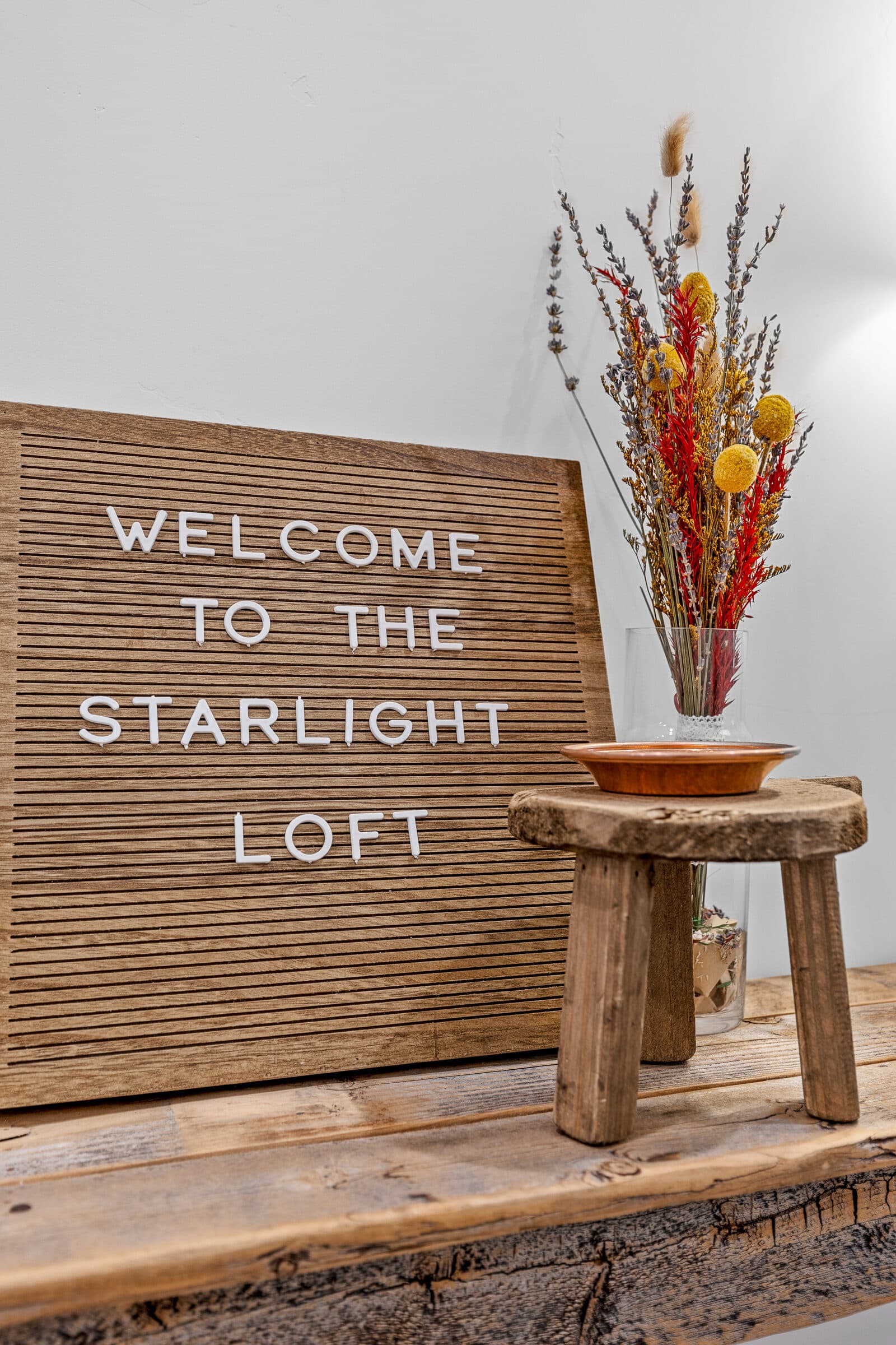 The Starlight Loft guest book styled with dried florals