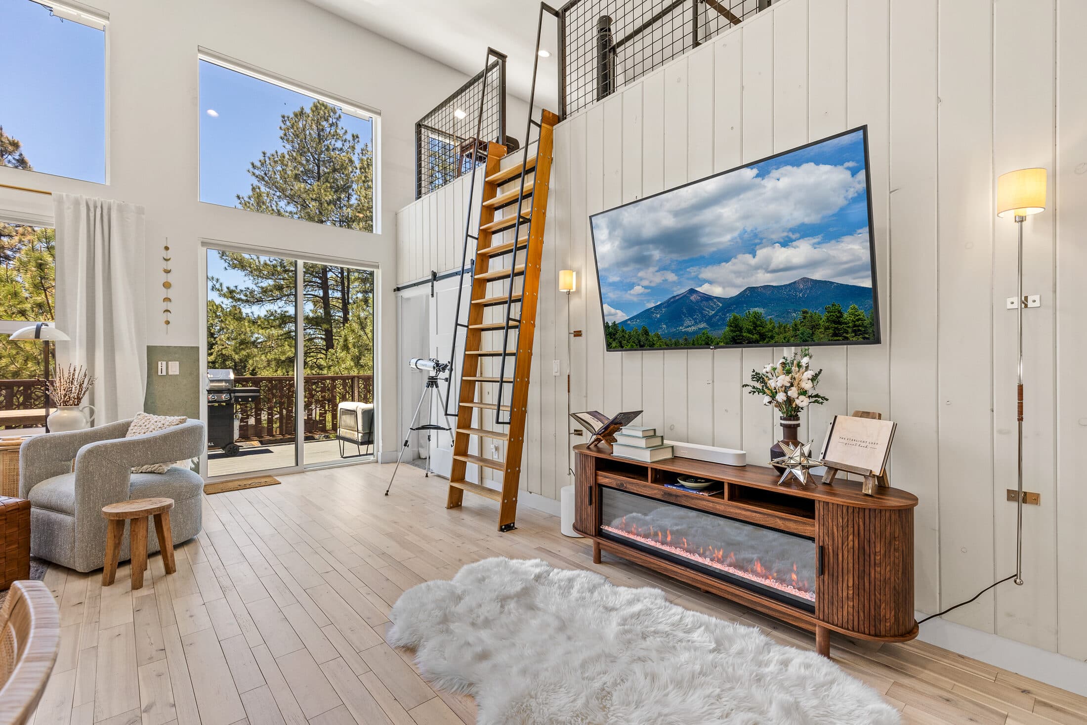 Living room with the ladder up to the loft and a mountain-view TV